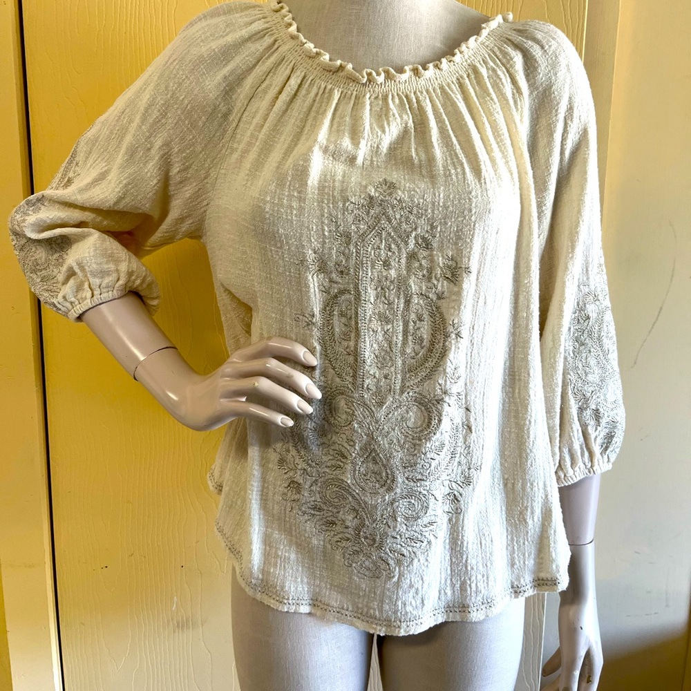 Macbeth Collection top blouse with metallic gold embroidery detail